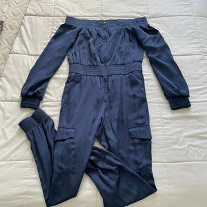 BCBG Jumpsuit blue satin off the shoulder